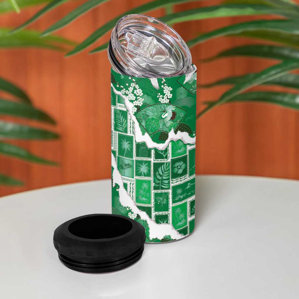 Hawaii Japanese Culture Green 4 in 1 Can Cooler Tumbler Spring Cranes Aloha Pattern
