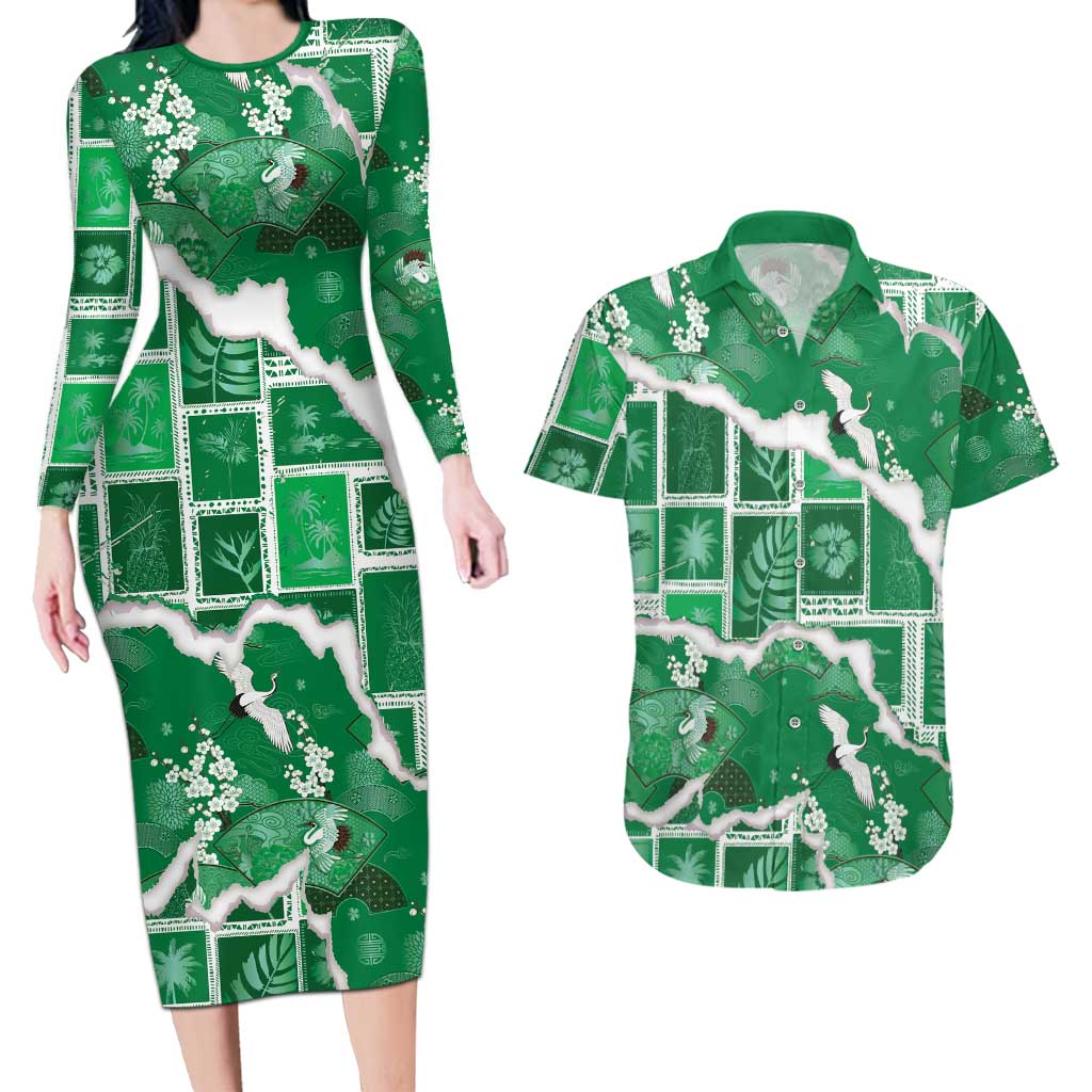 Hawaii Japanese Culture Green Couples Matching Long Sleeve Bodycon Dress and Hawaiian Shirt Spring Cranes Aloha Pattern LT01 Green - Polynesian Pride