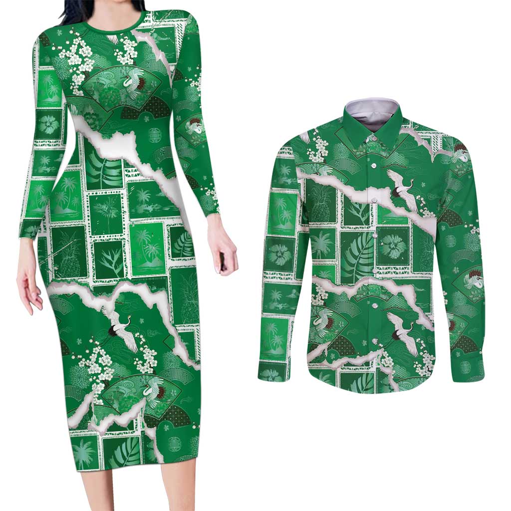 Hawaii Japanese Culture Green Couples Matching Long Sleeve Bodycon Dress and Long Sleeve Button Shirt Spring Cranes Aloha Pattern LT01 Green - Polynesian Pride