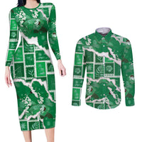 Hawaii Japanese Culture Green Couples Matching Long Sleeve Bodycon Dress and Long Sleeve Button Shirt Spring Cranes Aloha Pattern LT01 Green - Polynesian Pride