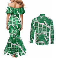 Hawaii Japanese Culture Green Couples Matching Mermaid Dress and Long Sleeve Button Shirt Spring Cranes Aloha Pattern LT01 - Polynesian Pride