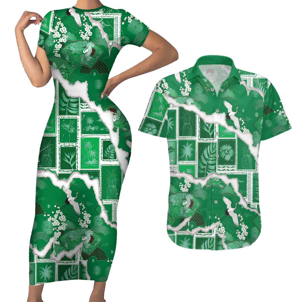 Hawaii Japanese Culture Green Couples Matching Short Sleeve Bodycon Dress and Hawaiian Shirt Spring Cranes Aloha Pattern LT01 Green - Polynesian Pride