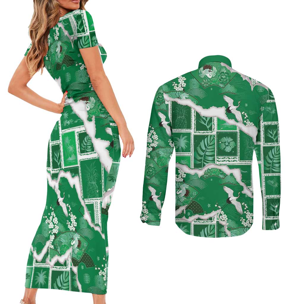 Hawaii Japanese Culture Green Couples Matching Short Sleeve Bodycon Dress and Long Sleeve Button Shirt Spring Cranes Aloha Pattern LT01 - Polynesian Pride