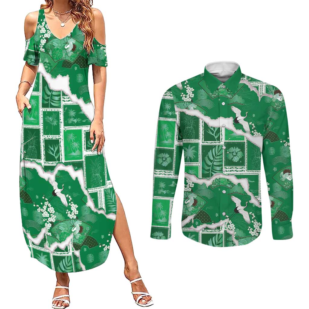 Hawaii Japanese Culture Green Couples Matching Summer Maxi Dress and Long Sleeve Button Shirt Spring Cranes Aloha Pattern LT01 Green - Polynesian Pride