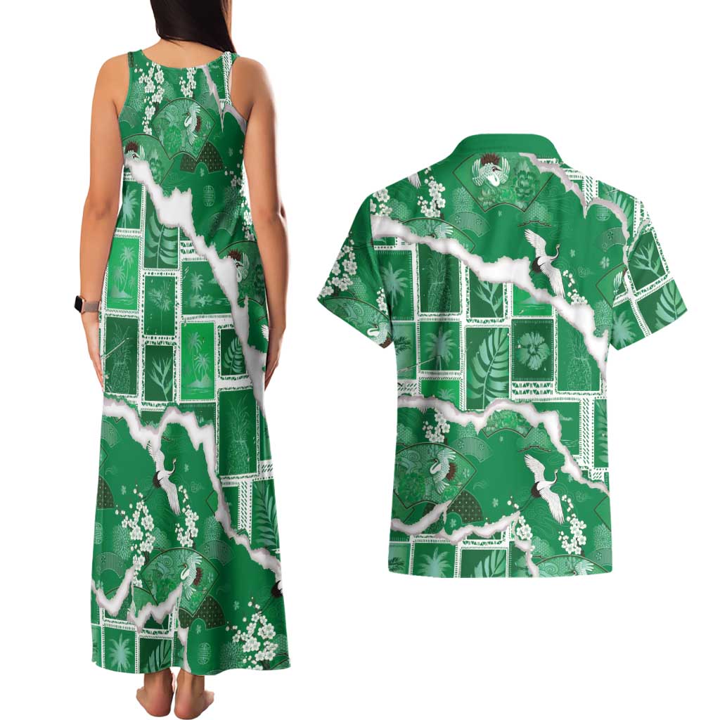 Hawaii Japanese Culture Green Couples Matching Tank Maxi Dress and Hawaiian Shirt Spring Cranes Aloha Pattern LT01 - Polynesian Pride