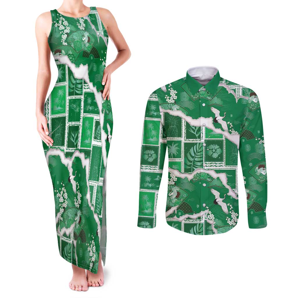 Hawaii Japanese Culture Green Couples Matching Tank Maxi Dress and Long Sleeve Button Shirt Spring Cranes Aloha Pattern LT01 Green - Polynesian Pride