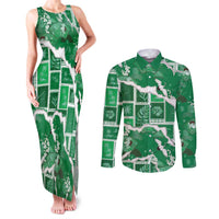 Hawaii Japanese Culture Green Couples Matching Tank Maxi Dress and Long Sleeve Button Shirt Spring Cranes Aloha Pattern