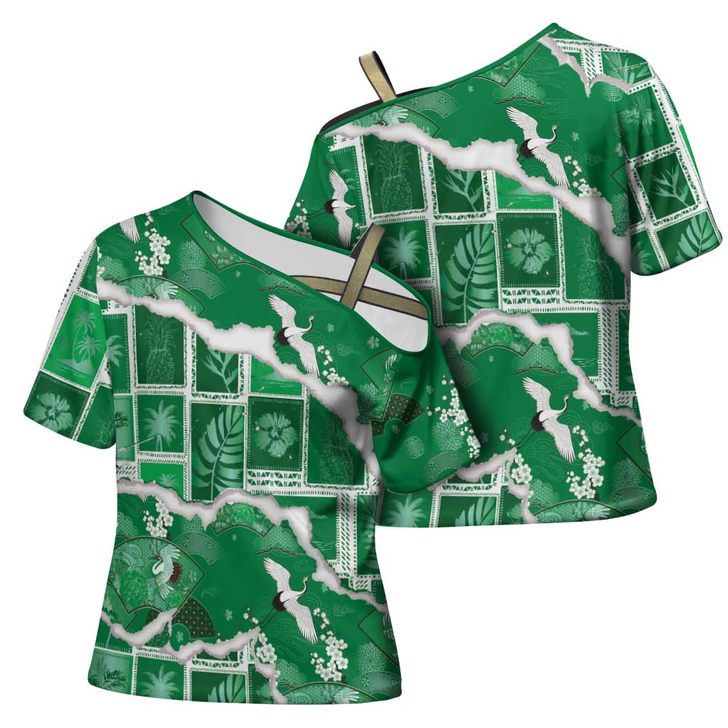 Hawaii Japanese Culture Green Cross Shoulder Shirt Spring Cranes Aloha Pattern