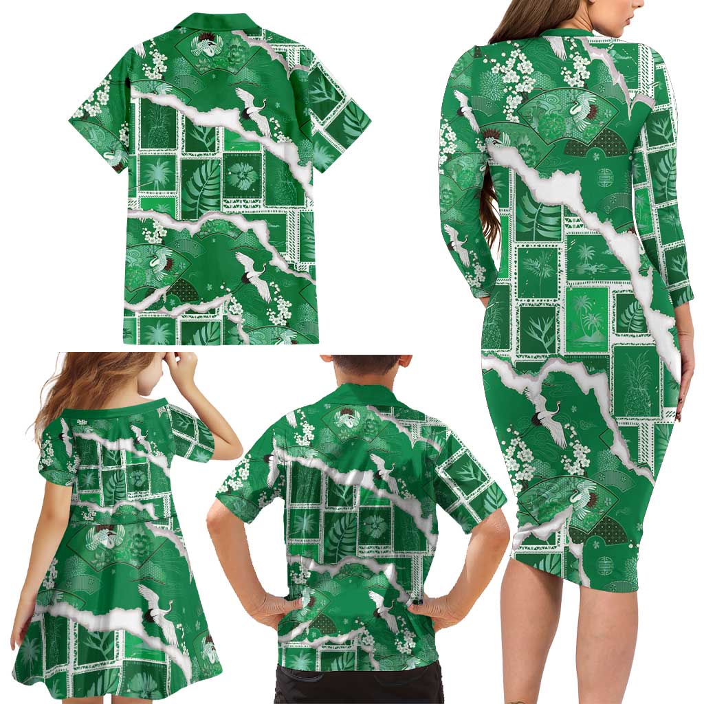 Hawaii Japanese Culture Green Family Matching Long Sleeve Bodycon Dress and Hawaiian Shirt Spring Cranes Aloha Pattern