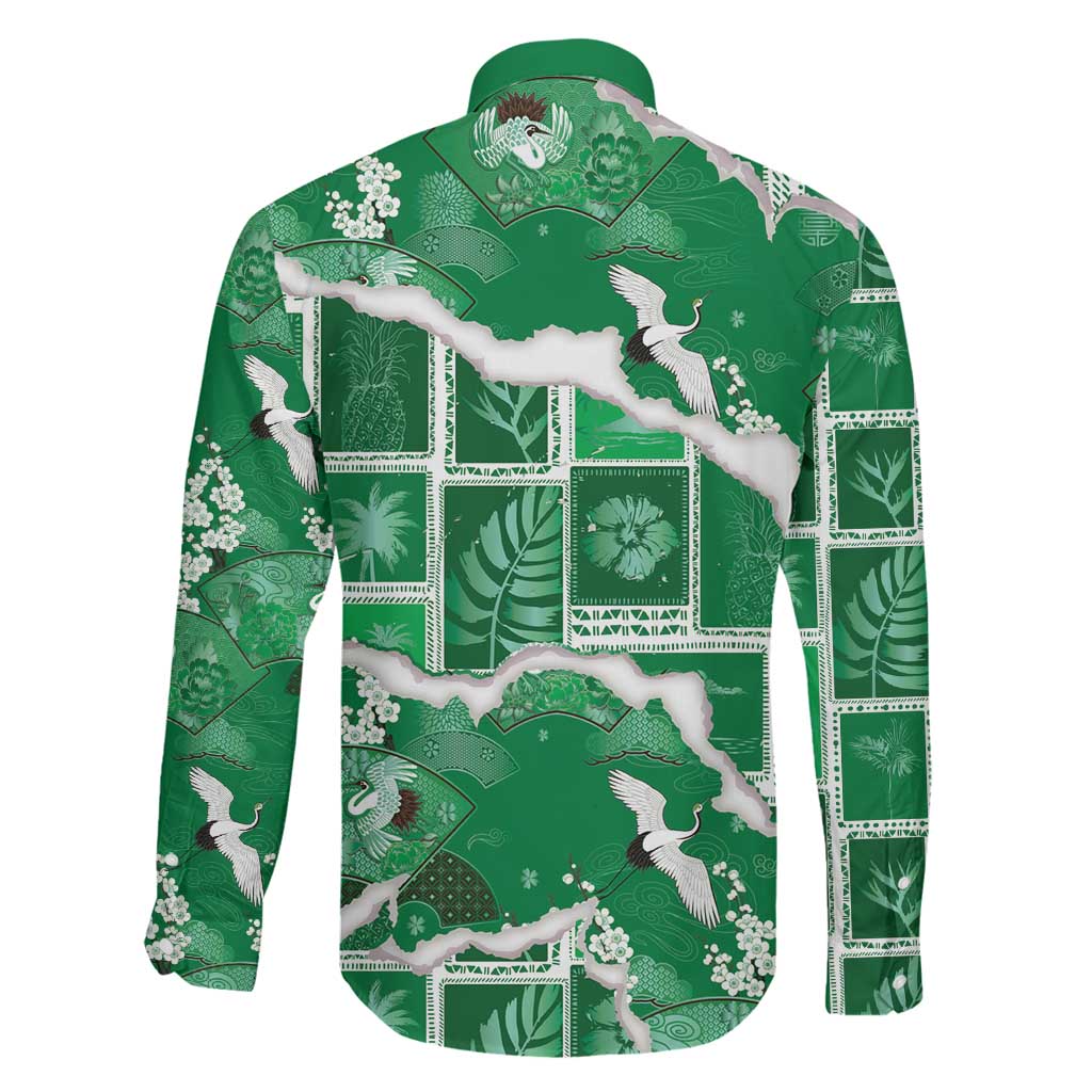 Hawaii Japanese Culture Green Family Matching Long Sleeve Bodycon Dress and Hawaiian Shirt Spring Cranes Aloha Pattern