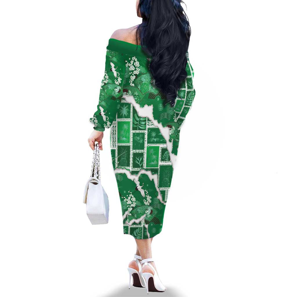 Hawaii Japanese Culture Green Family Matching Off The Shoulder Long Sleeve Dress and Hawaiian Shirt Spring Cranes Aloha Pattern
