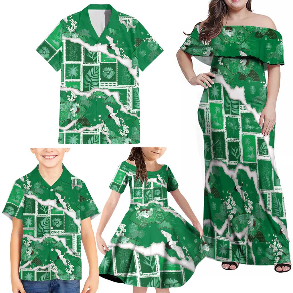 Hawaii Japanese Culture Green Family Matching Off Shoulder Maxi Dress and Hawaiian Shirt Spring Cranes Aloha Pattern LT01 - Polynesian Pride