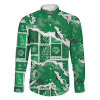 Hawaii Japanese Culture Green Family Matching Off Shoulder Maxi Dress and Hawaiian Shirt Spring Cranes Aloha Pattern LT01 Dad's Shirt - Long Sleeve Green - Polynesian Pride