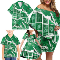 Hawaii Japanese Culture Green Family Matching Off Shoulder Short Dress and Hawaiian Shirt Spring Cranes Aloha Pattern