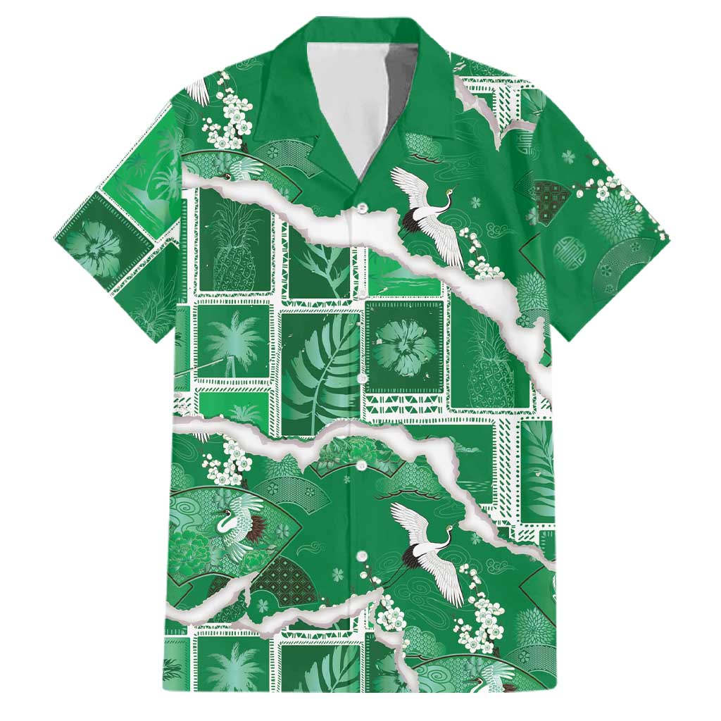 Hawaii Japanese Culture Green Family Matching Off Shoulder Short Dress and Hawaiian Shirt Spring Cranes Aloha Pattern