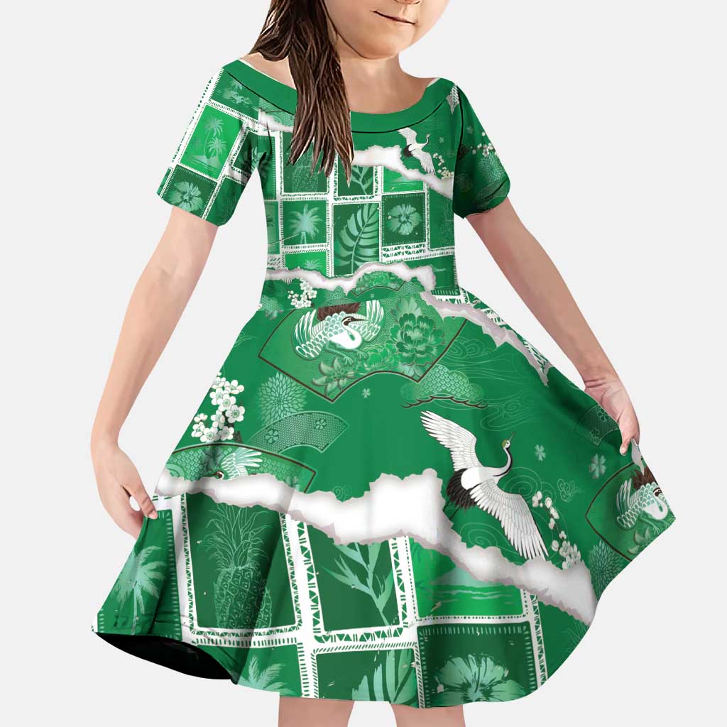 Hawaii Japanese Culture Green Family Matching Puletasi and Hawaiian Shirt Spring Cranes Aloha Pattern LT01 Daughter's Dress Green - Polynesian Pride
