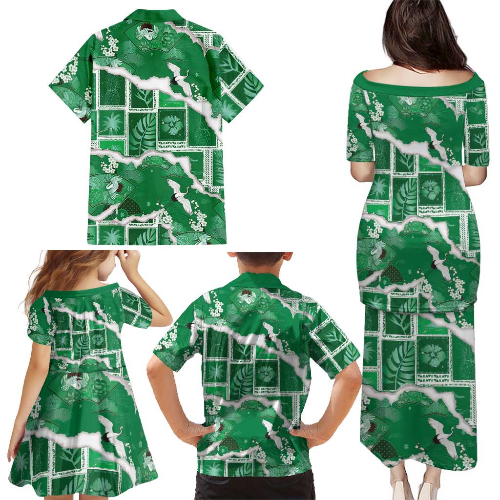 Hawaii Japanese Culture Green Family Matching Puletasi and Hawaiian Shirt Spring Cranes Aloha Pattern LT01 - Polynesian Pride