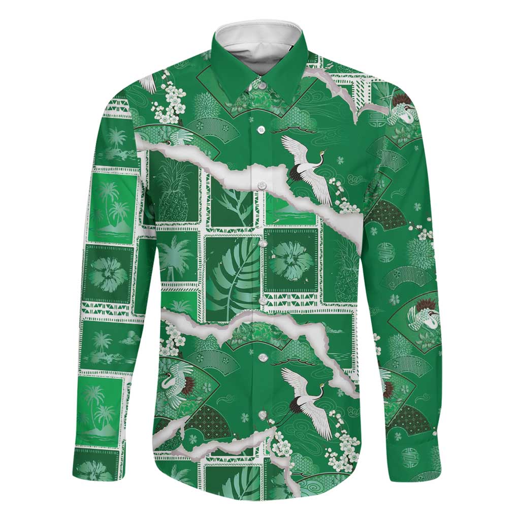 Hawaii Japanese Culture Green Family Matching Puletasi and Hawaiian Shirt Spring Cranes Aloha Pattern LT01 Dad's Shirt - Long Sleeve Green - Polynesian Pride
