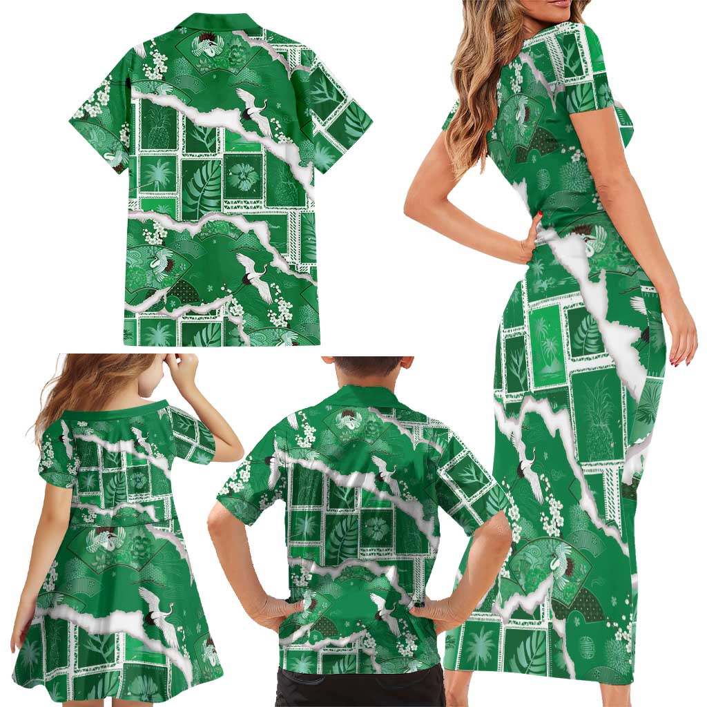Hawaii Japanese Culture Green Family Matching Short Sleeve Bodycon Dress and Hawaiian Shirt Spring Cranes Aloha Pattern