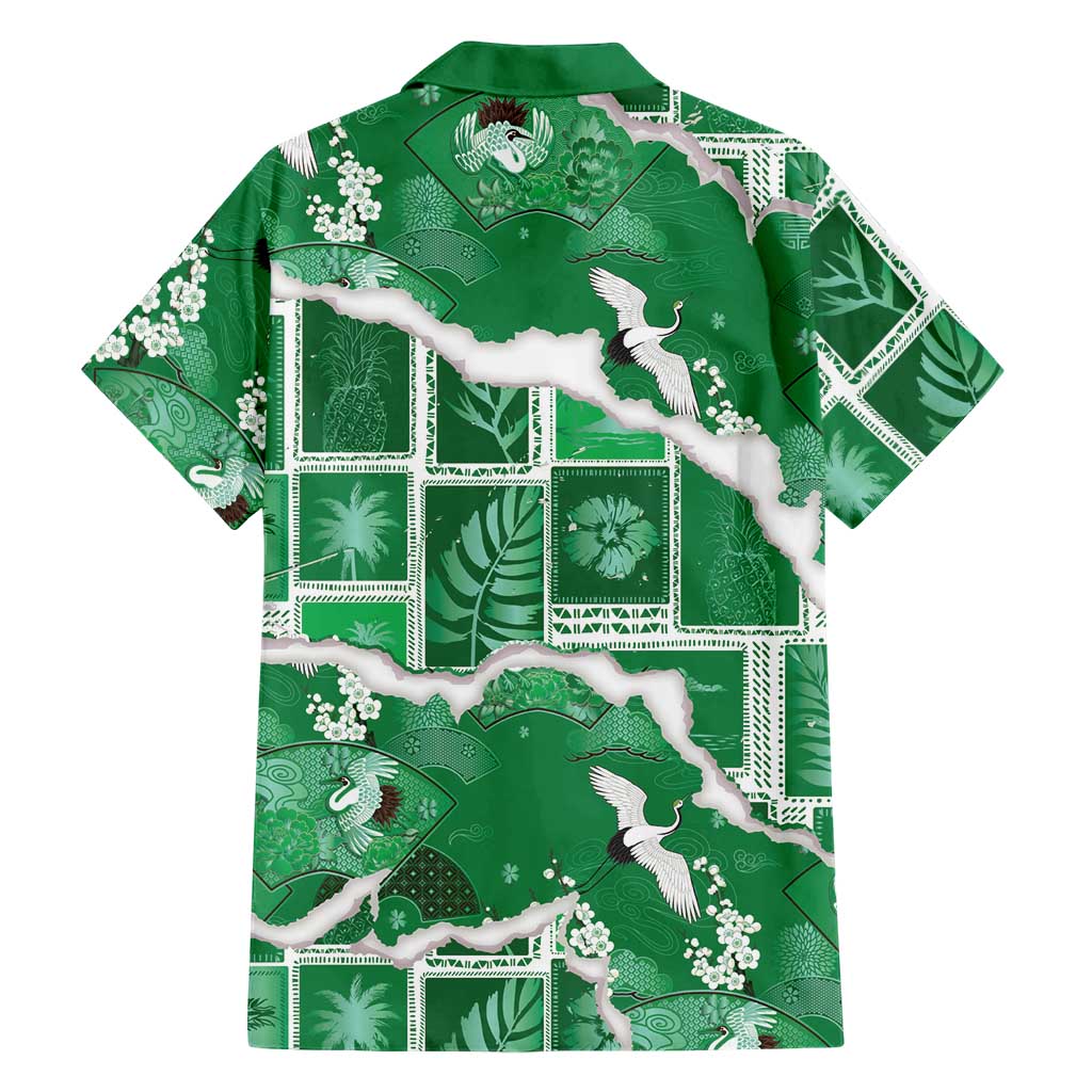 Hawaii Japanese Culture Green Family Matching Summer Maxi Dress and Hawaiian Shirt Spring Cranes Aloha Pattern LT01 - Polynesian Pride