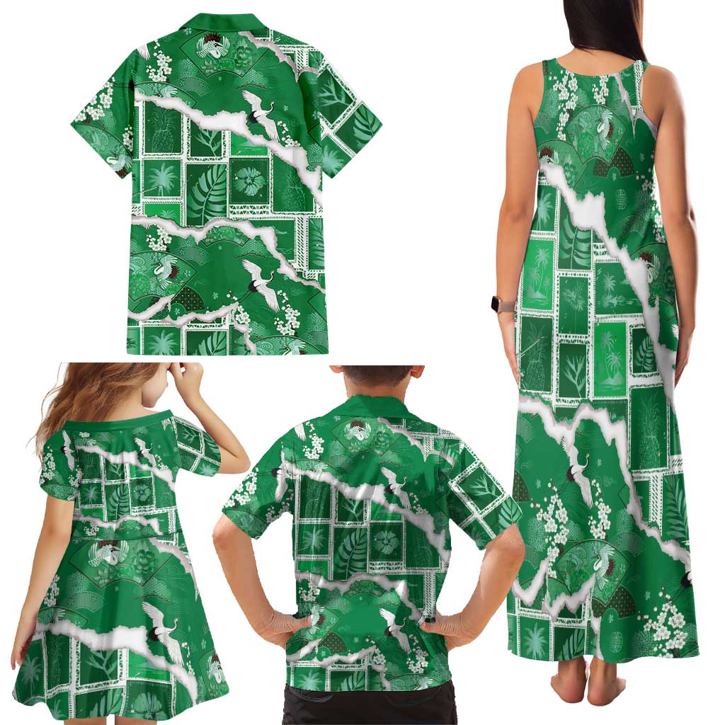 Hawaii Japanese Culture Green Family Matching Tank Maxi Dress and Hawaiian Shirt Spring Cranes Aloha Pattern