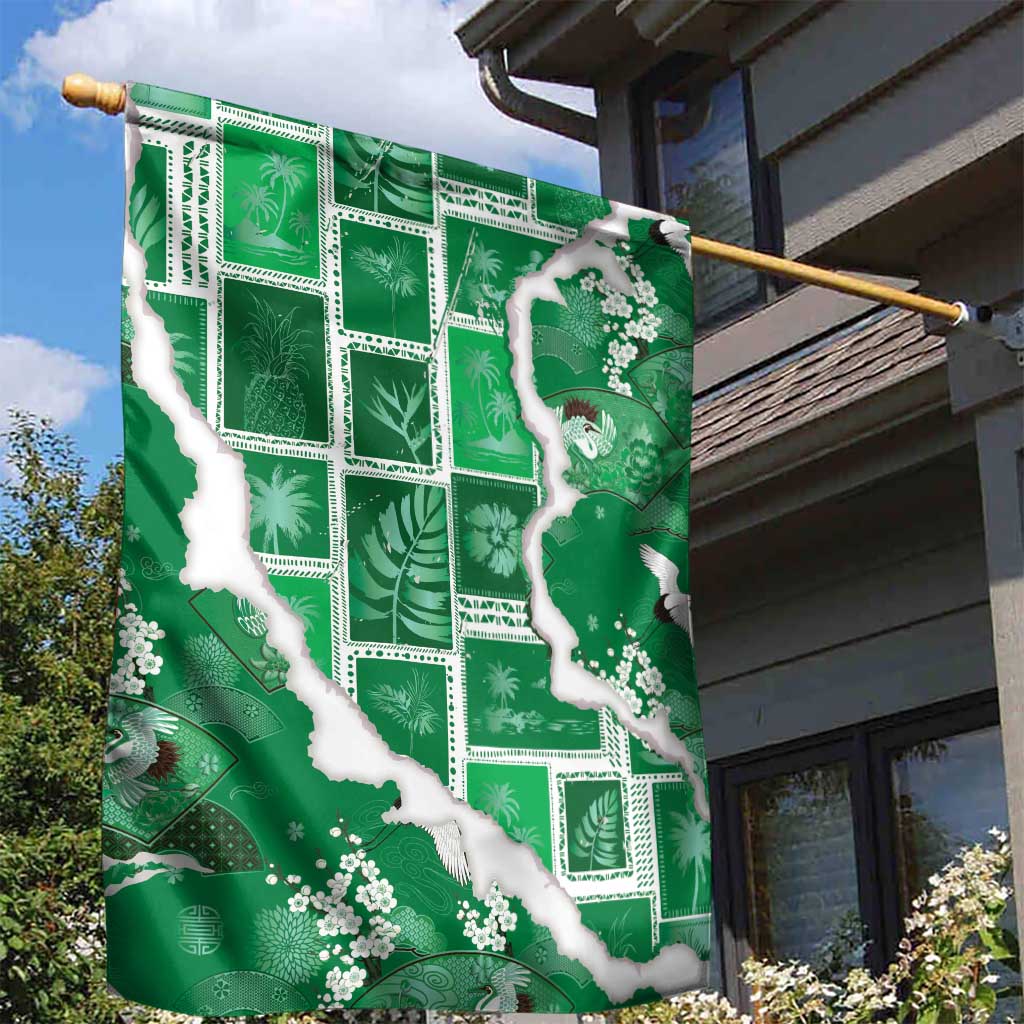 Hawaii Japanese Culture Green Garden Flag Spring Cranes Aloha Pattern