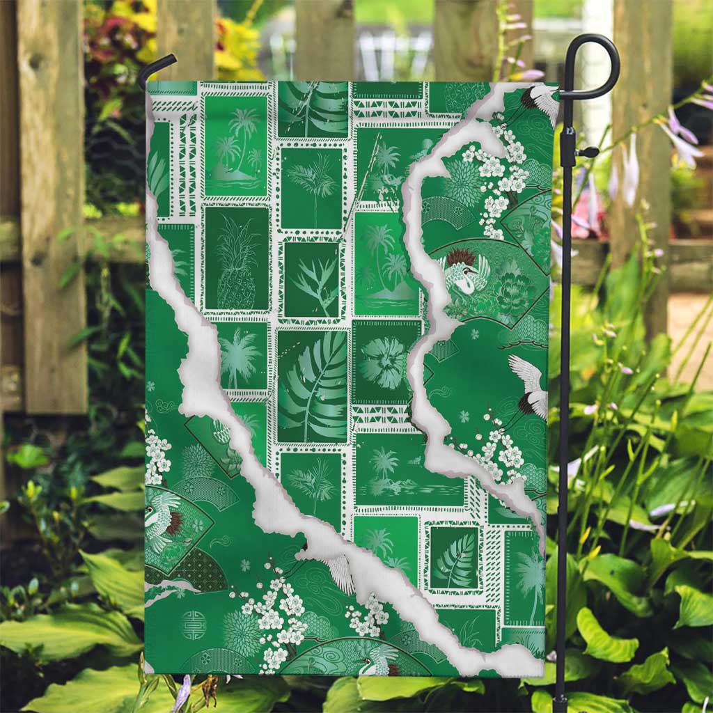 Hawaii Japanese Culture Green Garden Flag Spring Cranes Aloha Pattern