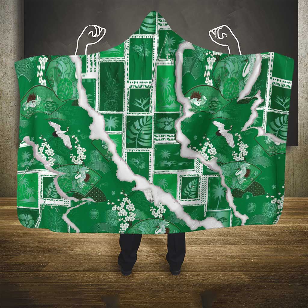 Hawaii Japanese Culture Green Hooded Blanket Spring Cranes Aloha Pattern