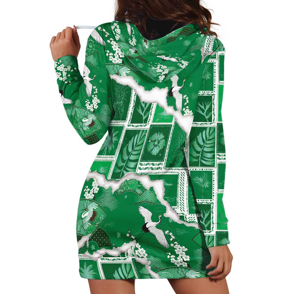 Hawaii Japanese Culture Green Hoodie Dress Spring Cranes Aloha Pattern LT01 - Polynesian Pride