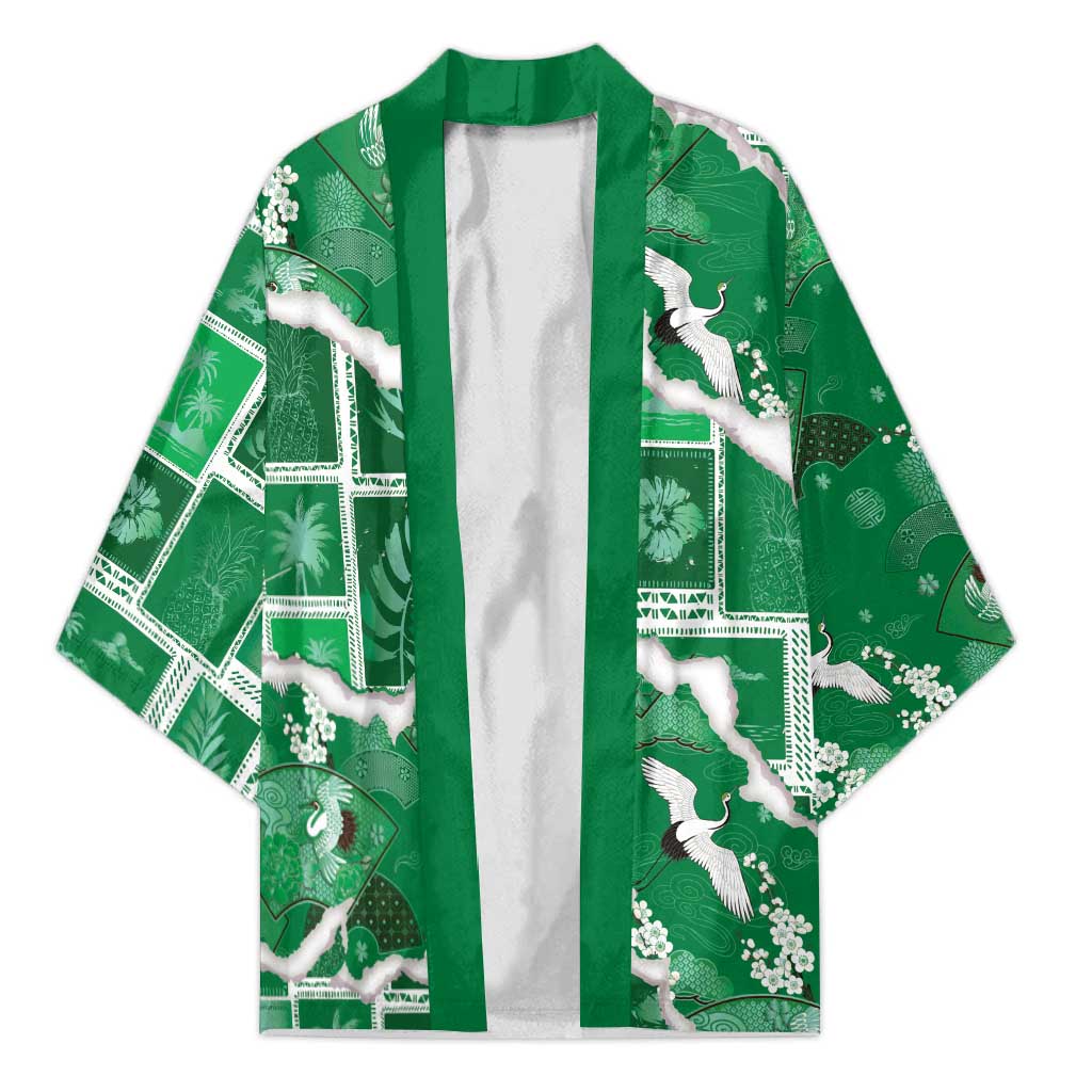 Hawaii Japanese Culture Green Kimono Spring Cranes Aloha Pattern
