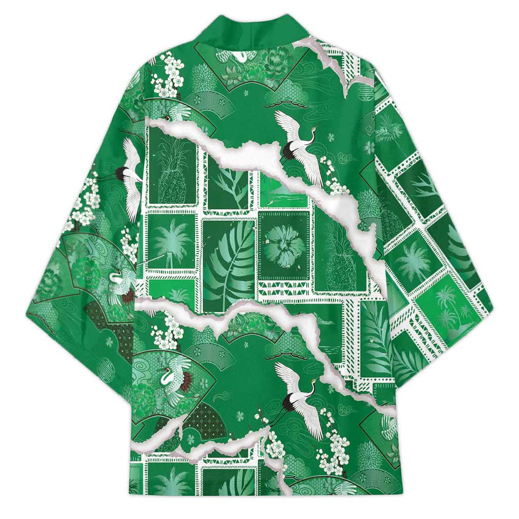 Hawaii Japanese Culture Green Kimono Spring Cranes Aloha Pattern
