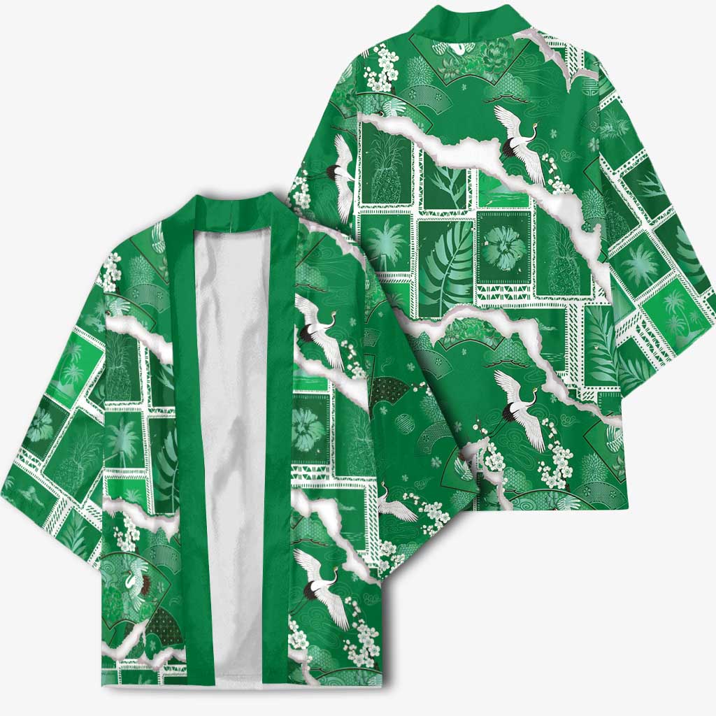 Hawaii Japanese Culture Green Kimono Spring Cranes Aloha Pattern