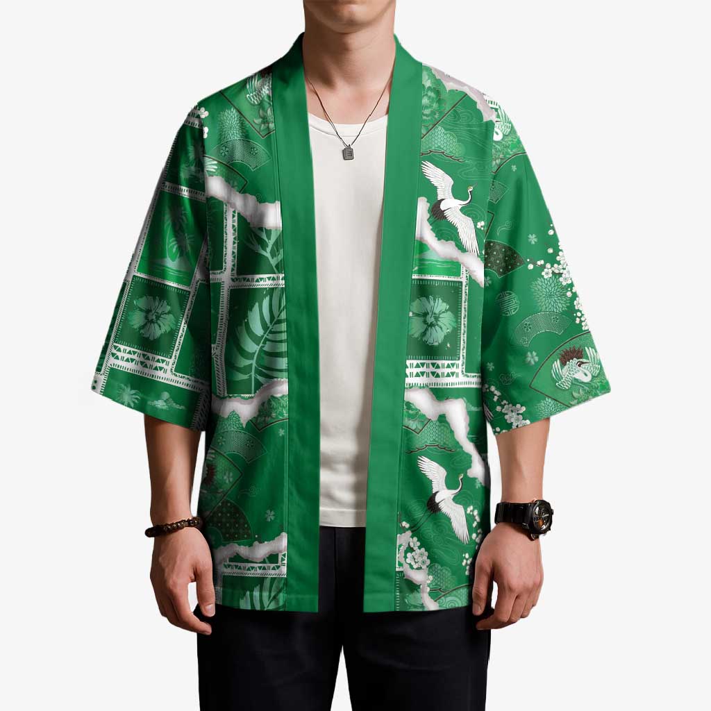 Hawaii Japanese Culture Green Kimono Spring Cranes Aloha Pattern