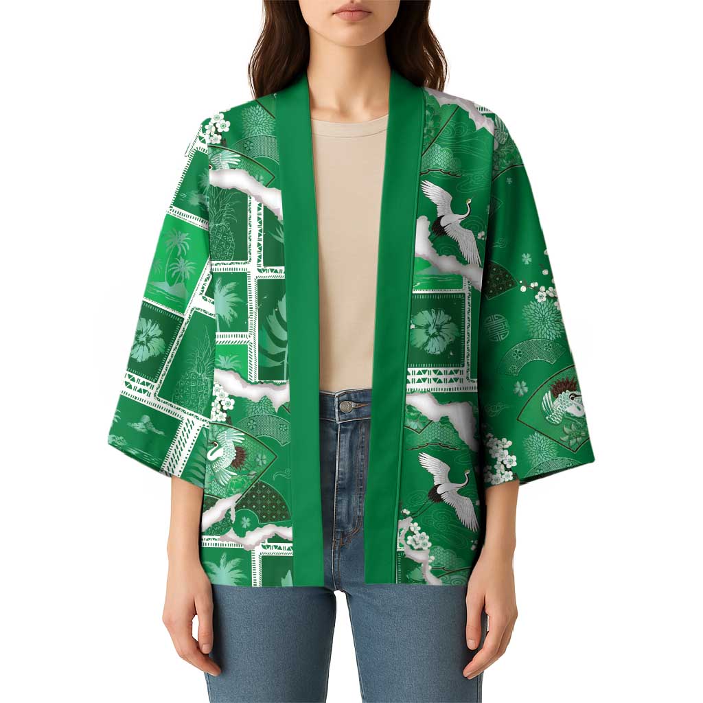 Hawaii Japanese Culture Green Kimono Spring Cranes Aloha Pattern