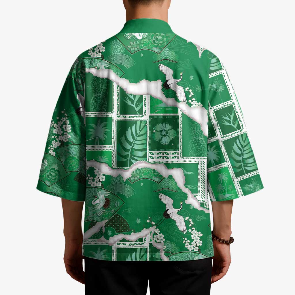Hawaii Japanese Culture Green Kimono Spring Cranes Aloha Pattern