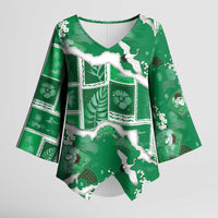 Hawaii Japanese Culture Green Kimono Sleeve Blouse Spring Cranes Aloha Pattern
