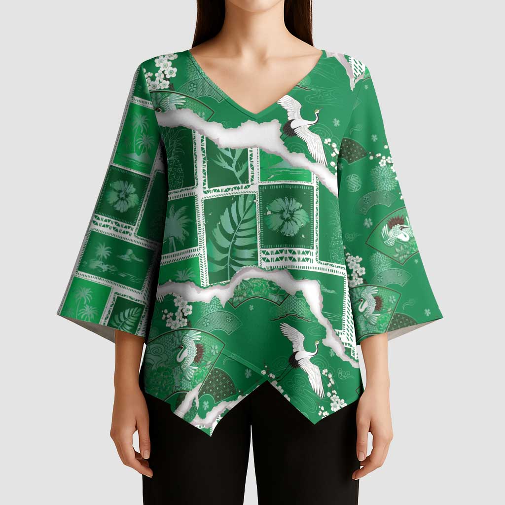 Hawaii Japanese Culture Green Kimono Sleeve Blouse Spring Cranes Aloha Pattern