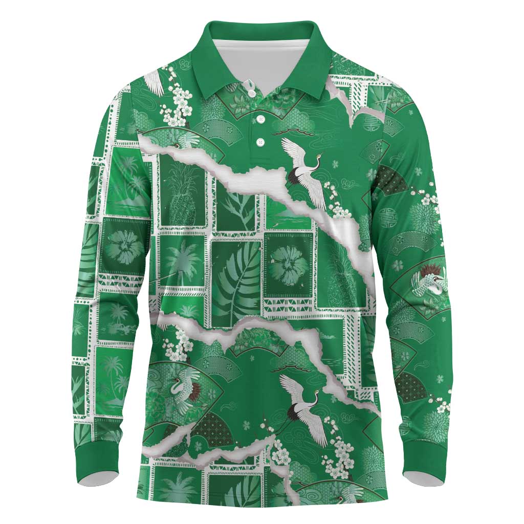 Hawaii Japanese Culture Green Long Sleeve Polo Shirt Spring Cranes Aloha Pattern