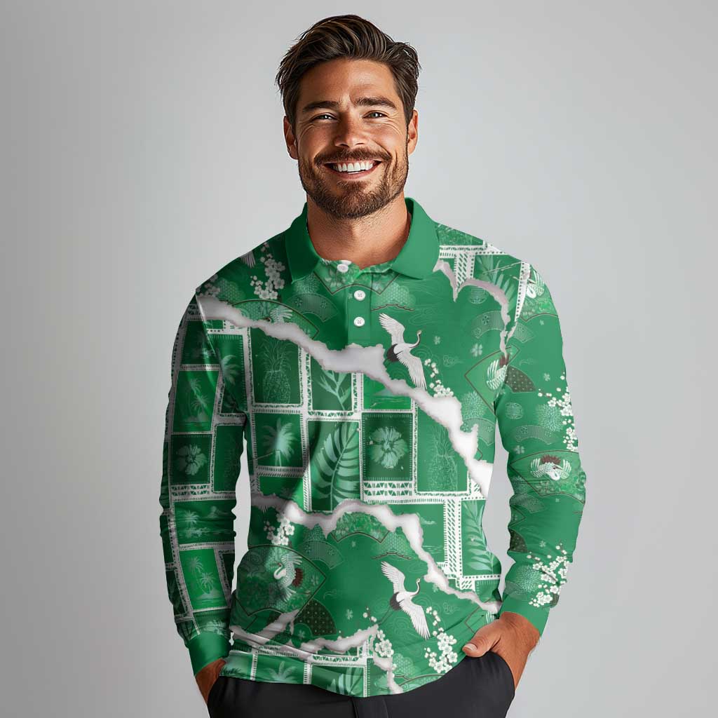 Hawaii Japanese Culture Green Long Sleeve Polo Shirt Spring Cranes Aloha Pattern