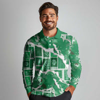 Hawaii Japanese Culture Green Long Sleeve Polo Shirt Spring Cranes Aloha Pattern