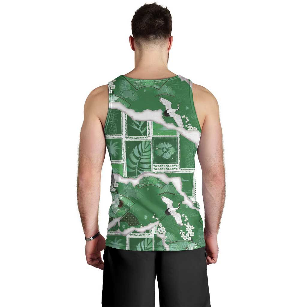 Hawaii Japanese Culture Green Men Tank Top Spring Cranes Aloha Pattern