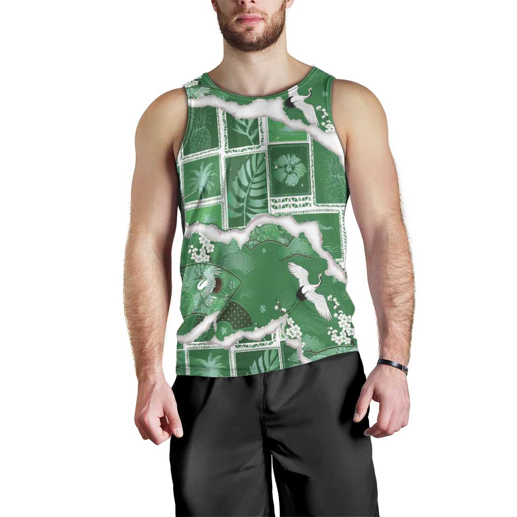 Hawaii Japanese Culture Green Men Tank Top Spring Cranes Aloha Pattern