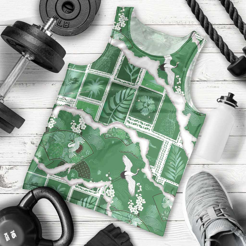 Hawaii Japanese Culture Green Men Tank Top Spring Cranes Aloha Pattern