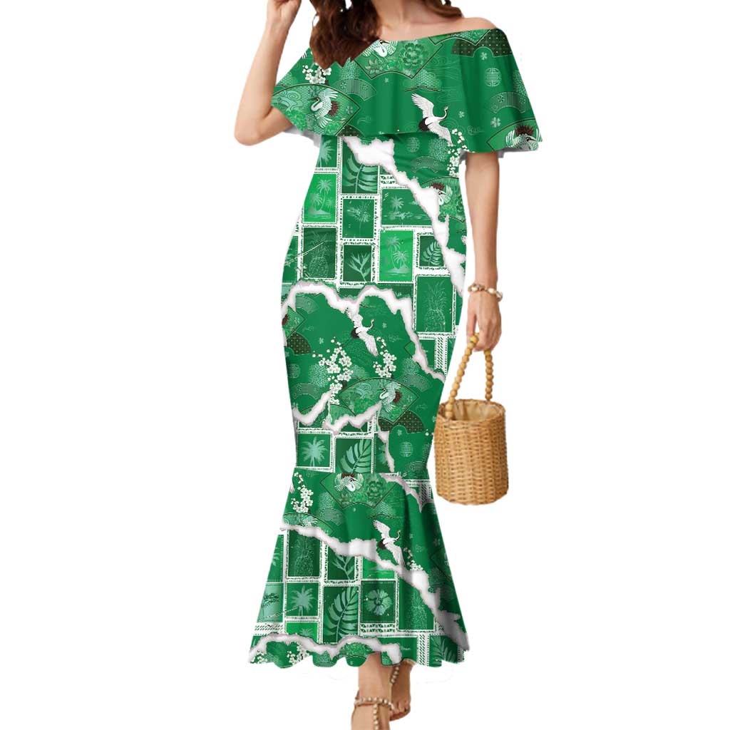 Hawaii Japanese Culture Green Mermaid Dress Spring Cranes Aloha Pattern