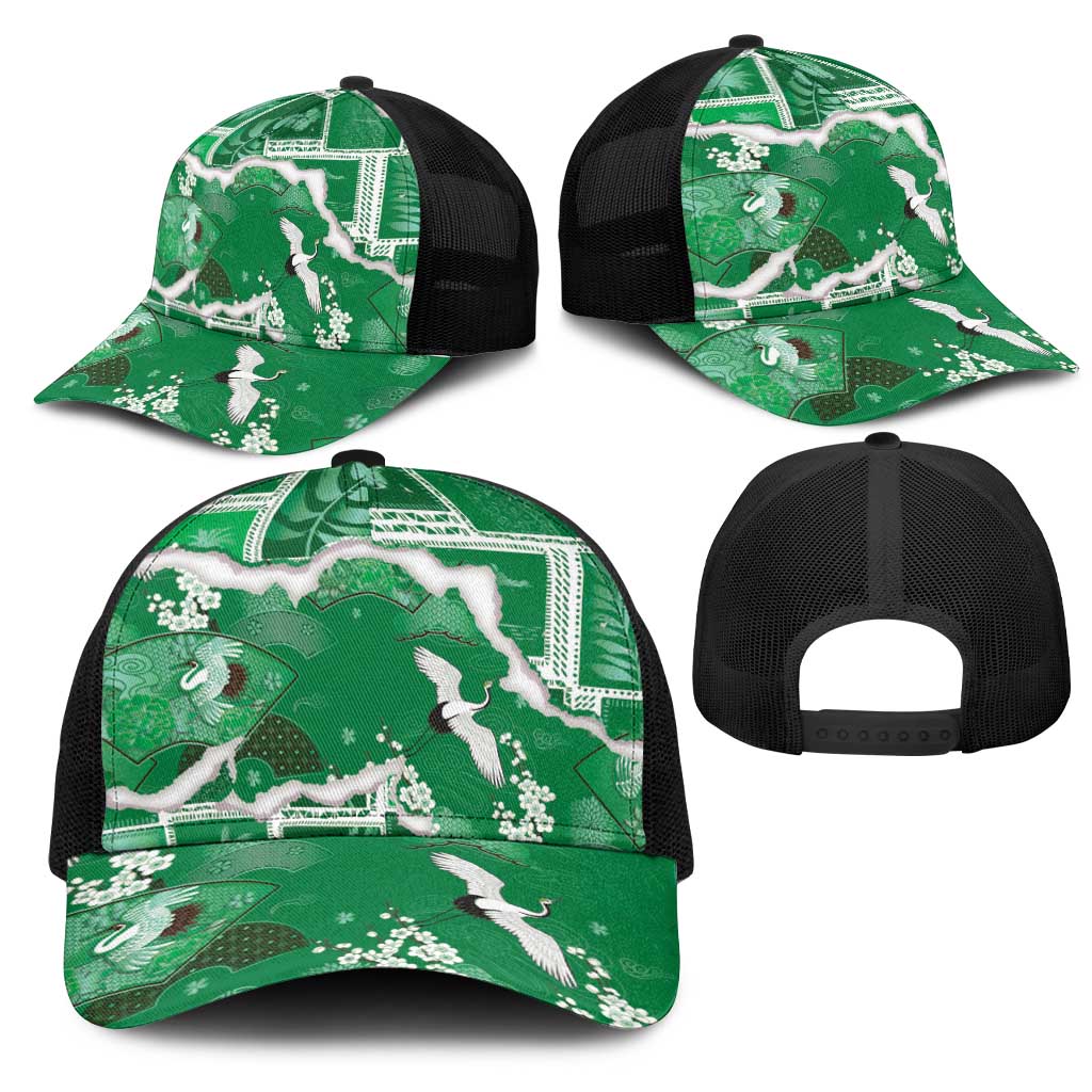 Hawaii Japanese Culture Green Mesh Trucker Cap Spring Cranes Aloha Pattern