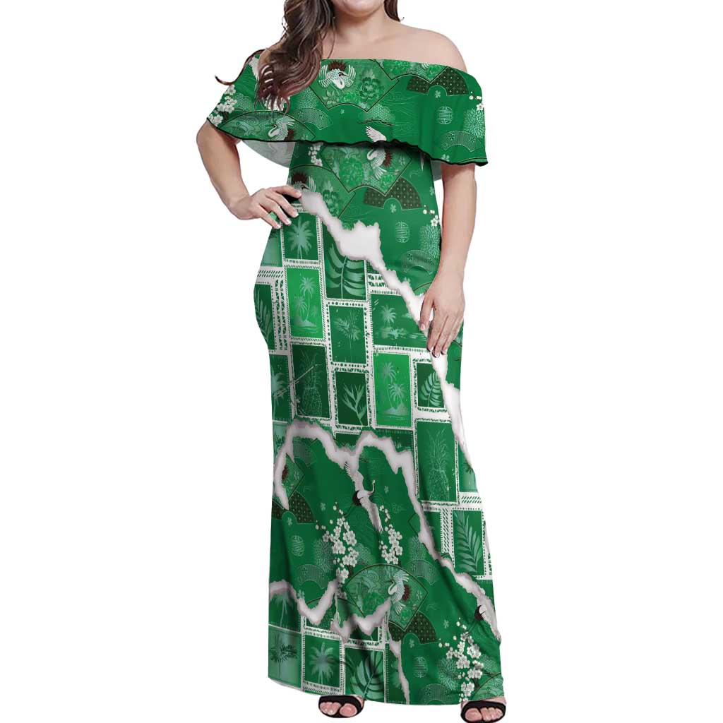 Hawaii Japanese Culture Green Off Shoulder Maxi Dress Spring Cranes Aloha Pattern LT01 Women Green - Polynesian Pride