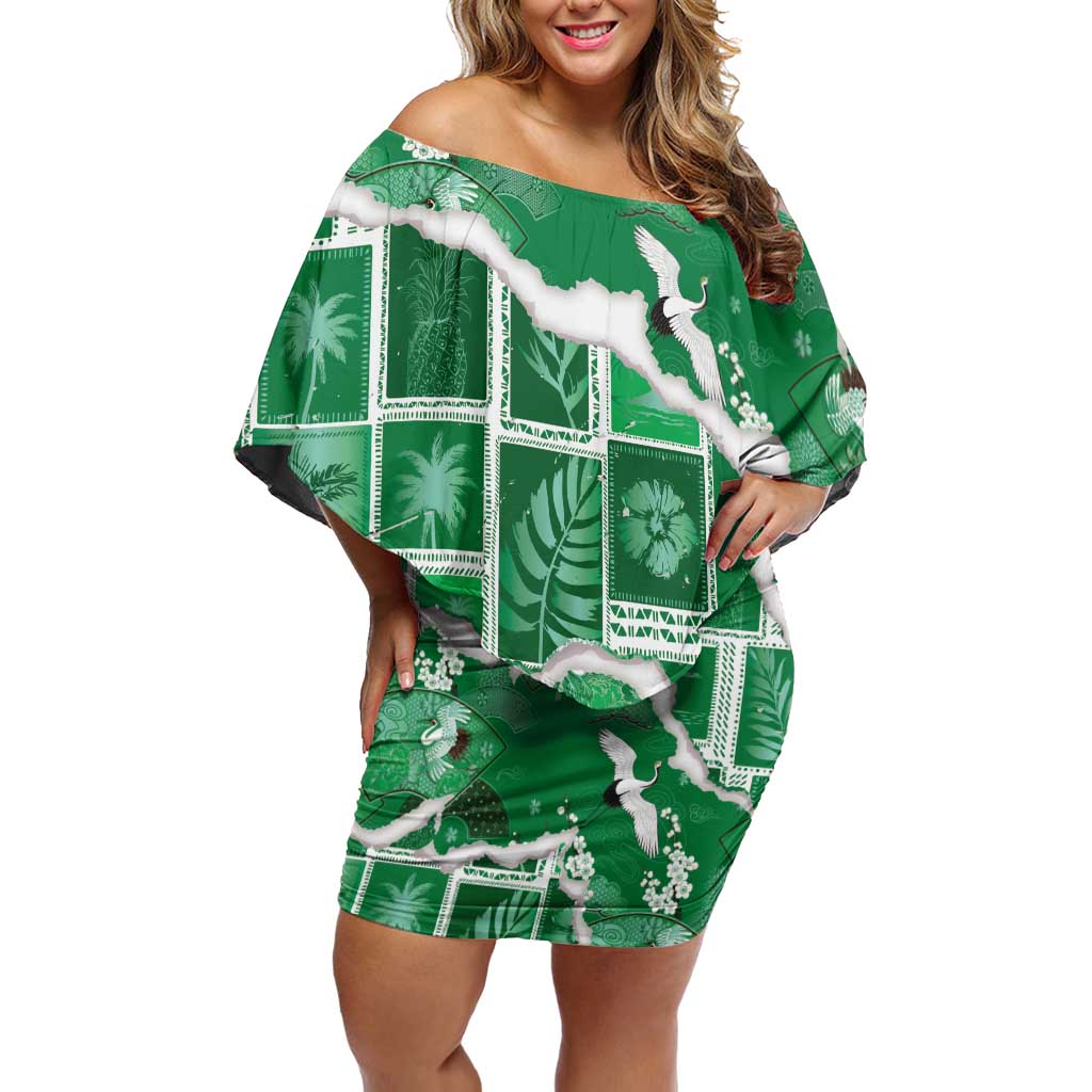 Hawaii Japanese Culture Green Off Shoulder Short Dress Spring Cranes Aloha Pattern LT01 Women Green - Polynesian Pride