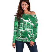 Hawaii Japanese Culture Green Off Shoulder Sweater Spring Cranes Aloha Pattern