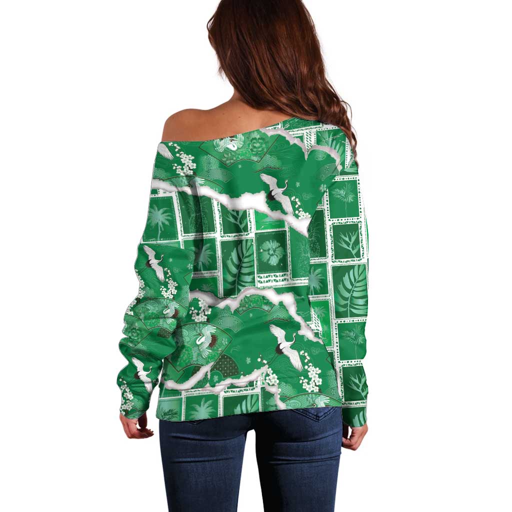 Hawaii Japanese Culture Green Off Shoulder Sweater Spring Cranes Aloha Pattern