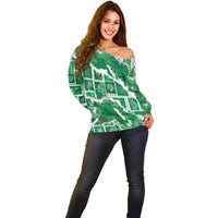Hawaii Japanese Culture Green Off Shoulder Sweater Spring Cranes Aloha Pattern
